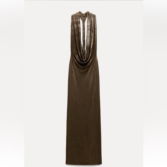 ZARA LONG FOIL HALTER DRESS - Picture 5 of 6